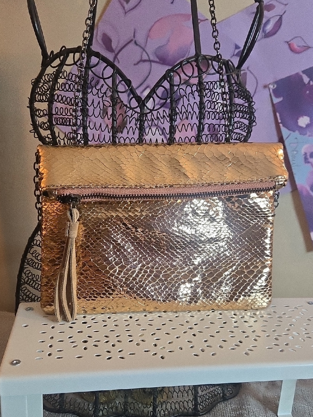 Metallic Gold Fold-Over Clutch Bag with Tassel
